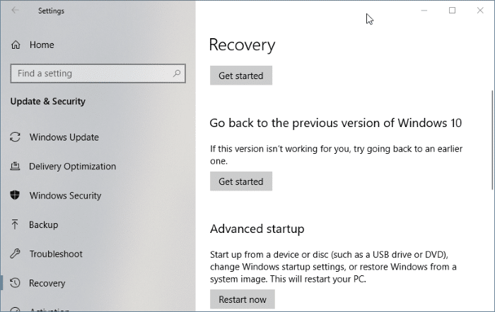 Go Back to Previous Version of Windows 10