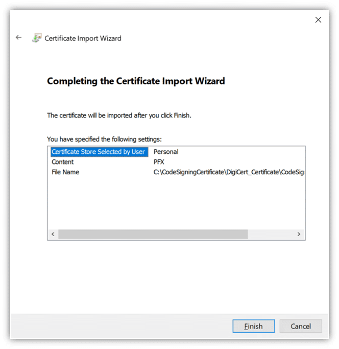 completing certificate import wizard