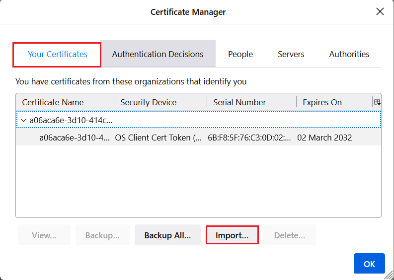 firefox certificate manager window