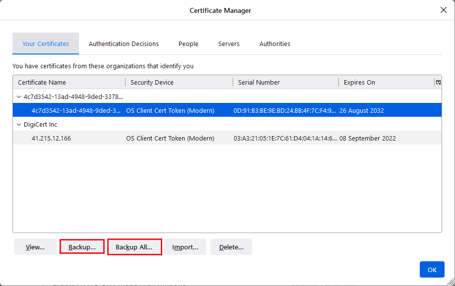 firefox backup certificate option