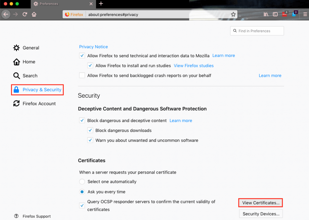 firefox privacy & security option macos
