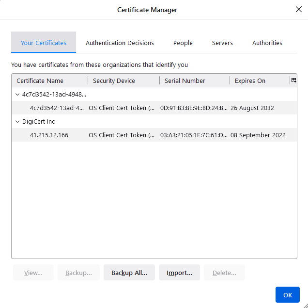 Your Certificates Options Firefox