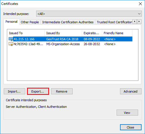Select Certificate and Export Option