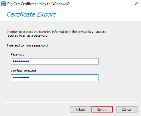 Enter Password Next Option DigiCert Utility