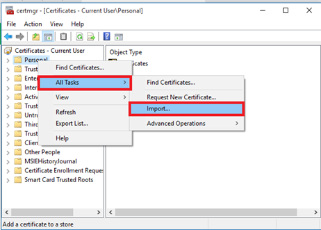 Certificate Import Wizard All Task