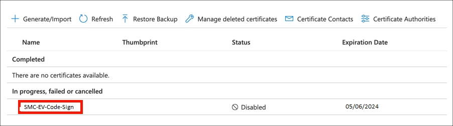 Certificate Operation Tab