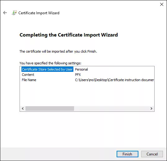 Completion of Certificate Import Wizard