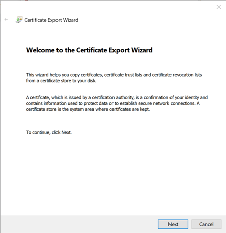 Welcome to Certificate Export Wizard