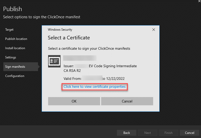 Select Certificate from Sign Manifest