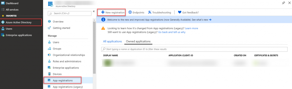 New Registration Azure Active Directory