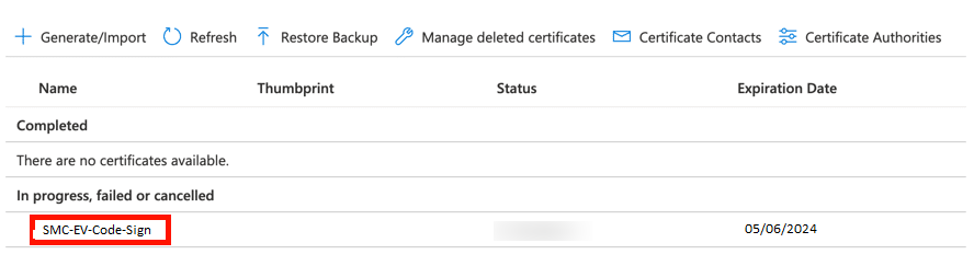 Azure Key Vault Certificate Name