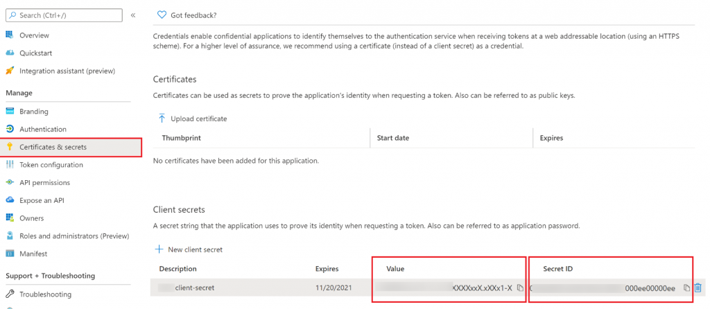 Copy Value AZure Certificate & Secret