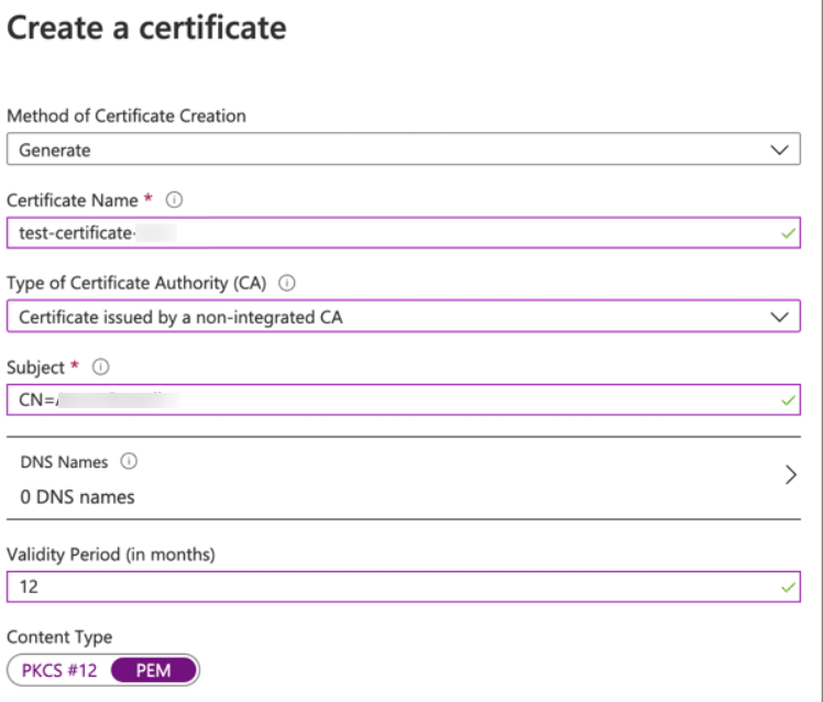 Create Certificate Azure PEM